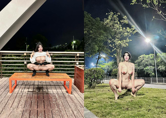 推特露臉人間胸器【反骨PP】放飛自我，各種人前極限露出，調教喝尿放尿也很母狗 (2)