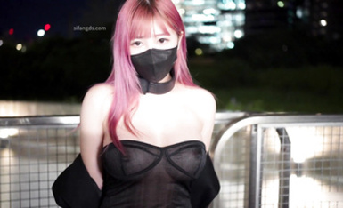 ❤️小小Q｜羞恥露出_LED項圈黑色透視洋裝_街道極限露出