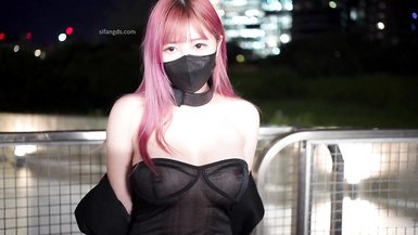 ❤️小小Q｜羞恥露出_LED項圈黑色透視洋裝_街道極限露出