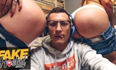 Fake Hostel Short Italian Teen in Love with Hentai Loving Geek Gets into a threesome